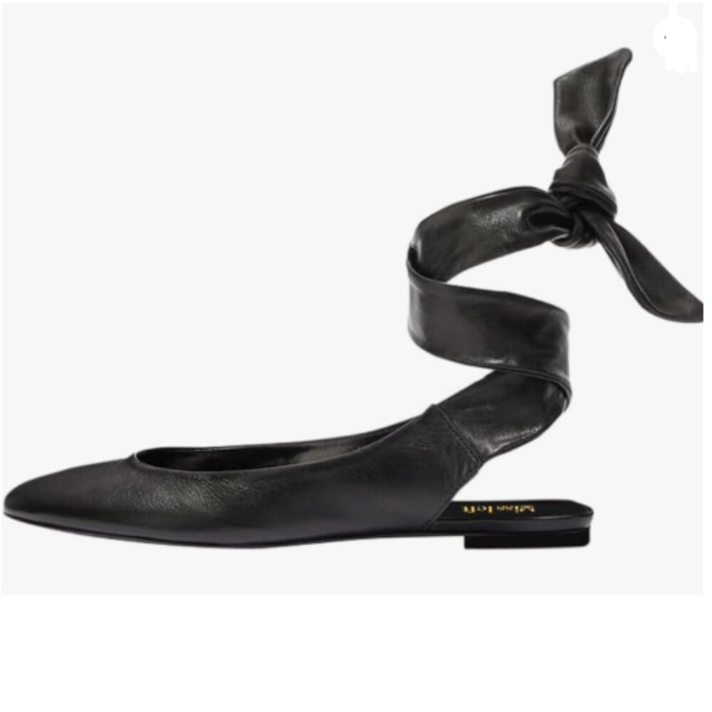 miss left Black Rounded Toe Ballet Flats Lace Up Strappy Ballerina Shoes